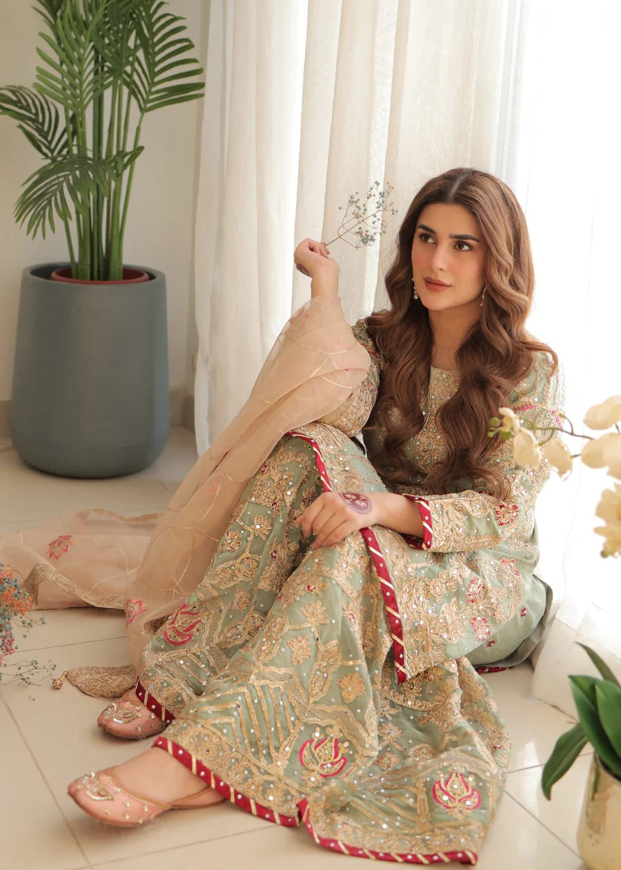 Eid Collection Chiffon Zari Gold Dabka Embroidered Shirt ,Sharara & Embroidered Organza Dupatta