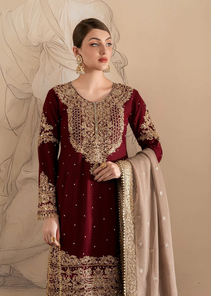 Maroon and Beige Gharara Zari sequin embroidered work with tassel details 3 pc Ready to wear