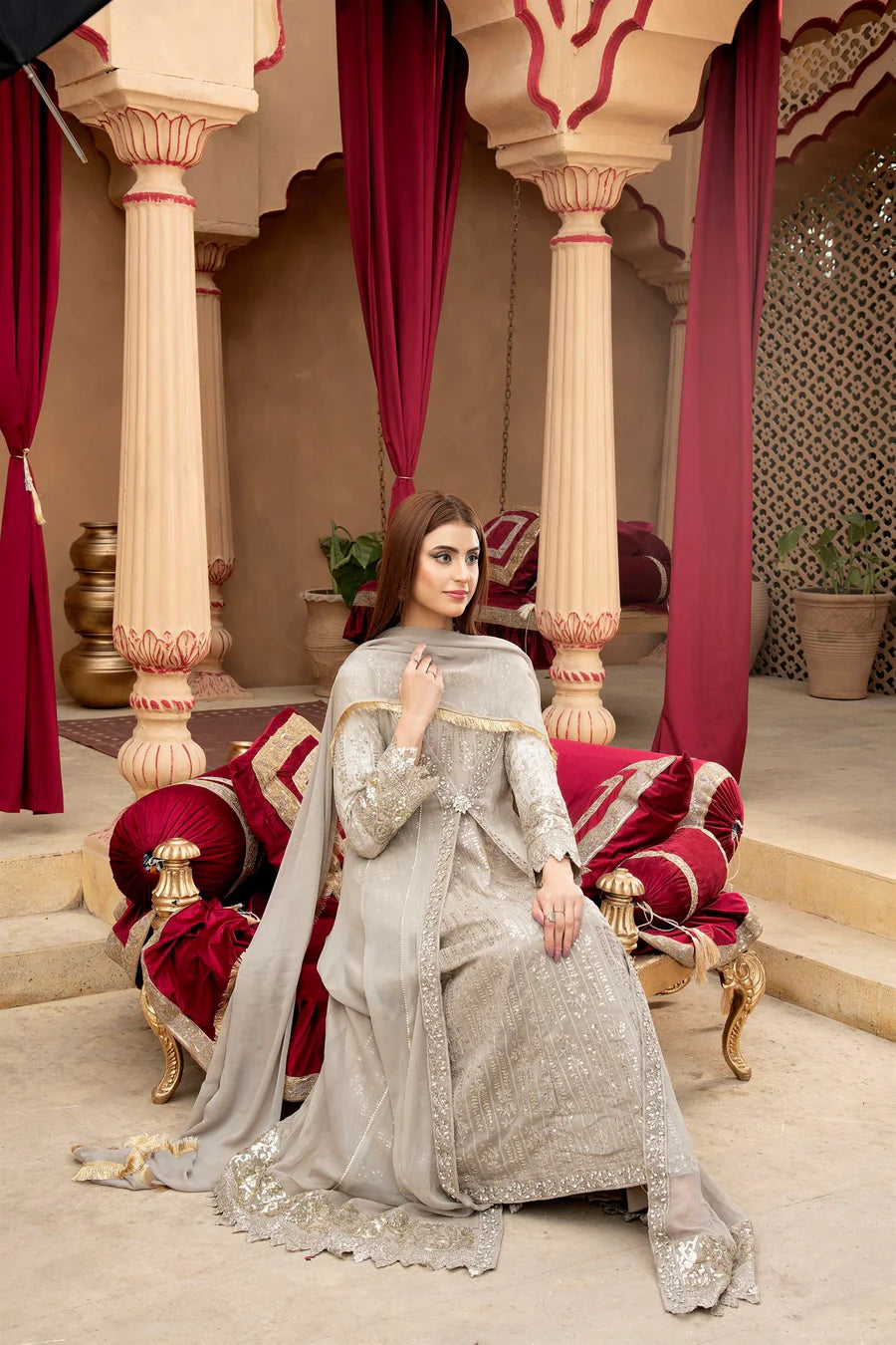 Chiffon Embellished Party / Formal Maxi with trouser and Embroidered Dupatta