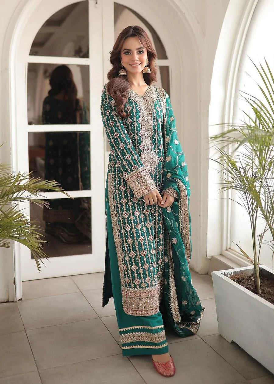 Green RawSilk Dabka Formal Embellished Shirt,Trousers & Dupatta 3pc Ready to wear