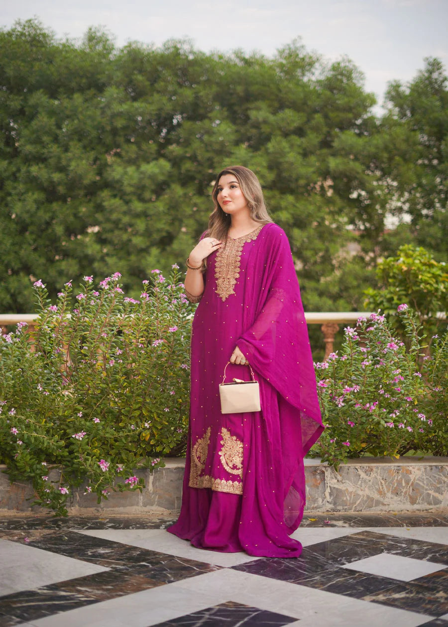 Magenta Hot Pink RawSilk Formal/Eid wear Dabka Embroidered Shirt with trouser and Dupatta