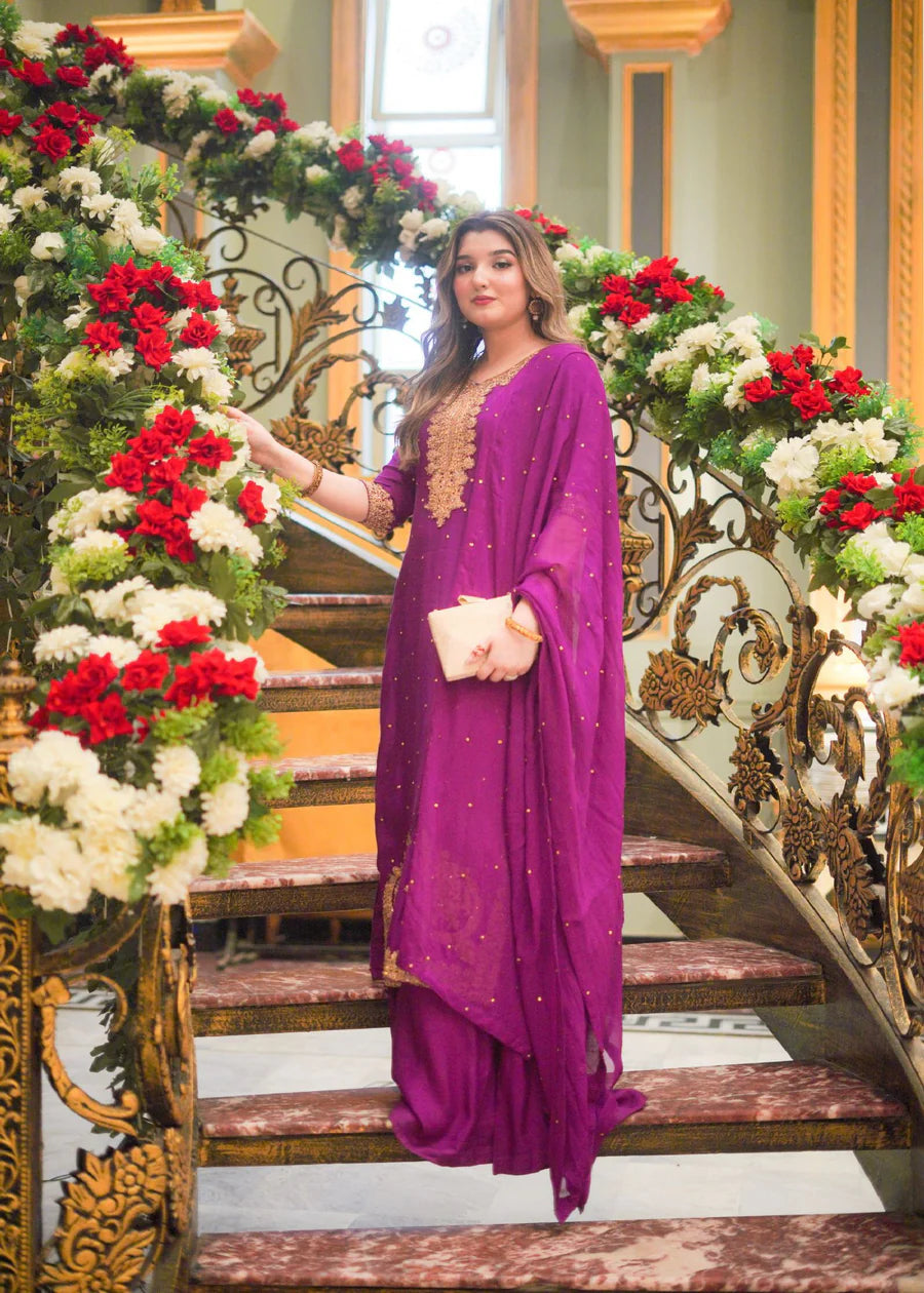 Magenta Hot Pink RawSilk Formal/Eid wear Dabka Embroidered Shirt with trouser and Dupatta