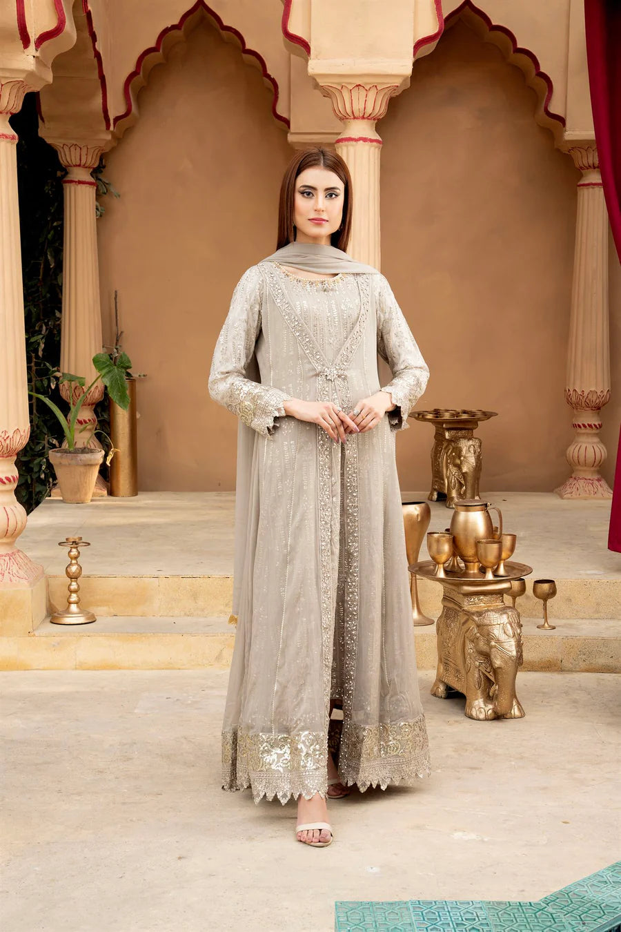 Chiffon Embellished Party / Formal Maxi with trouser and Embroidered Dupatta