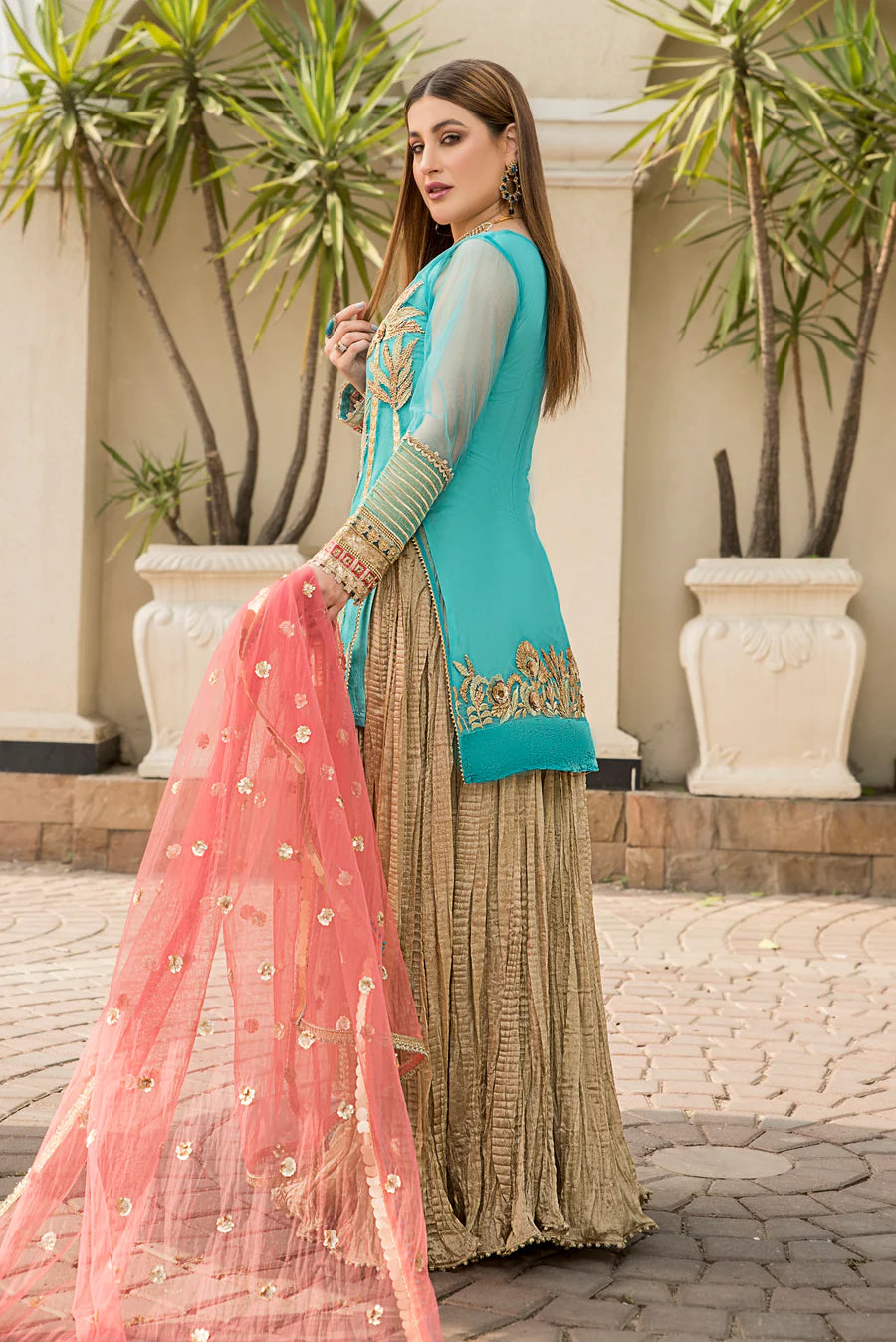 Blue Gold Embellished Shirt  with Gold Crushed Sharara with Embellished Dupatta