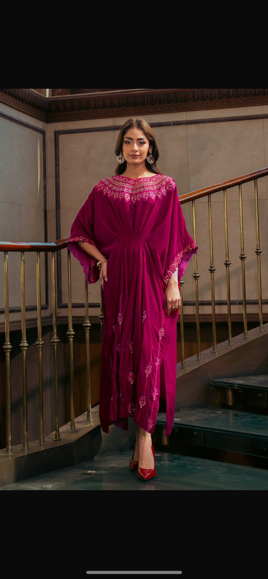 Kaftan - Embroidered Velvet Hot Pink