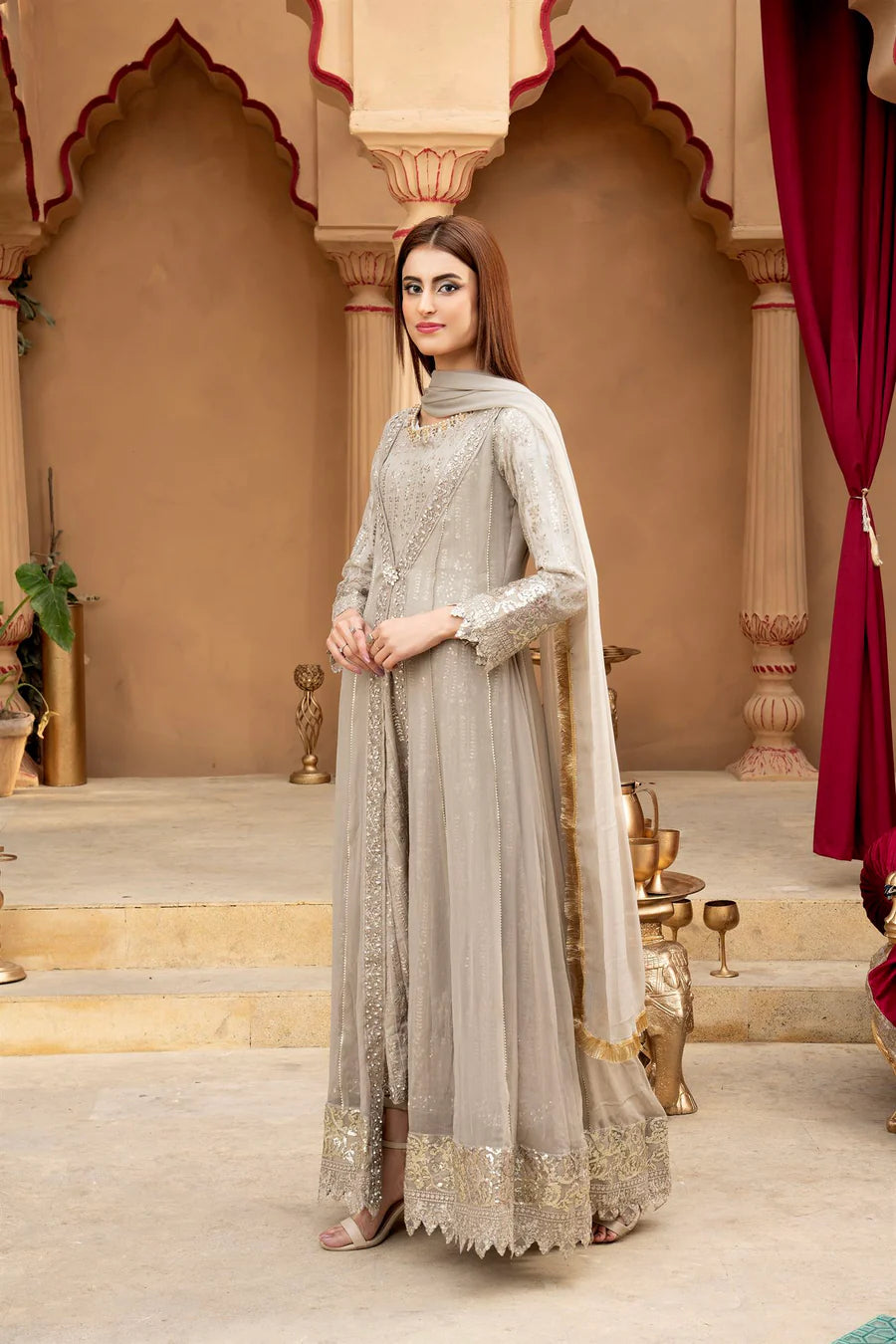 Chiffon Embellished Party / Formal Maxi with trouser and Embroidered Dupatta