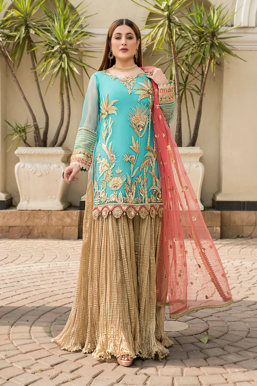 Blue Gold Embellished Shirt  with Gold Crushed Sharara with Embellished Dupatta