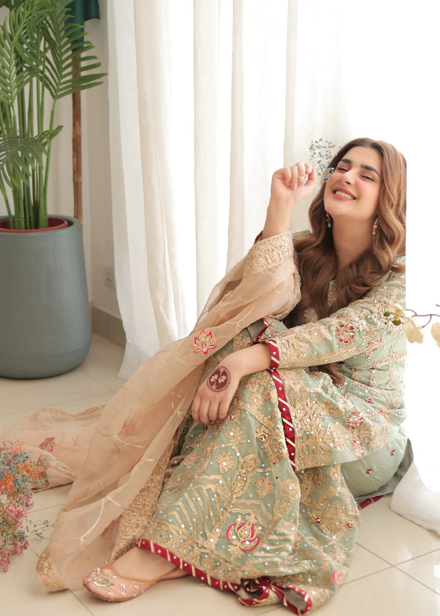 Eid Collection Chiffon Zari Gold Dabka Embroidered Shirt ,Sharara & Embroidered Organza Dupatta