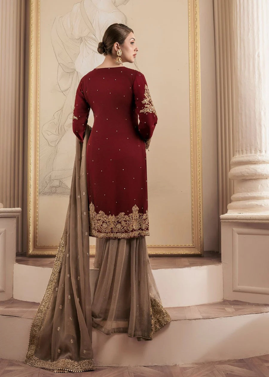 Maroon and Beige Gharara Zari sequin embroidered work with tassel details 3 pc Ready to wear