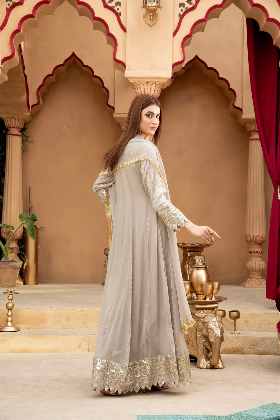 Chiffon Embellished Party / Formal Maxi with trouser and Embroidered Dupatta