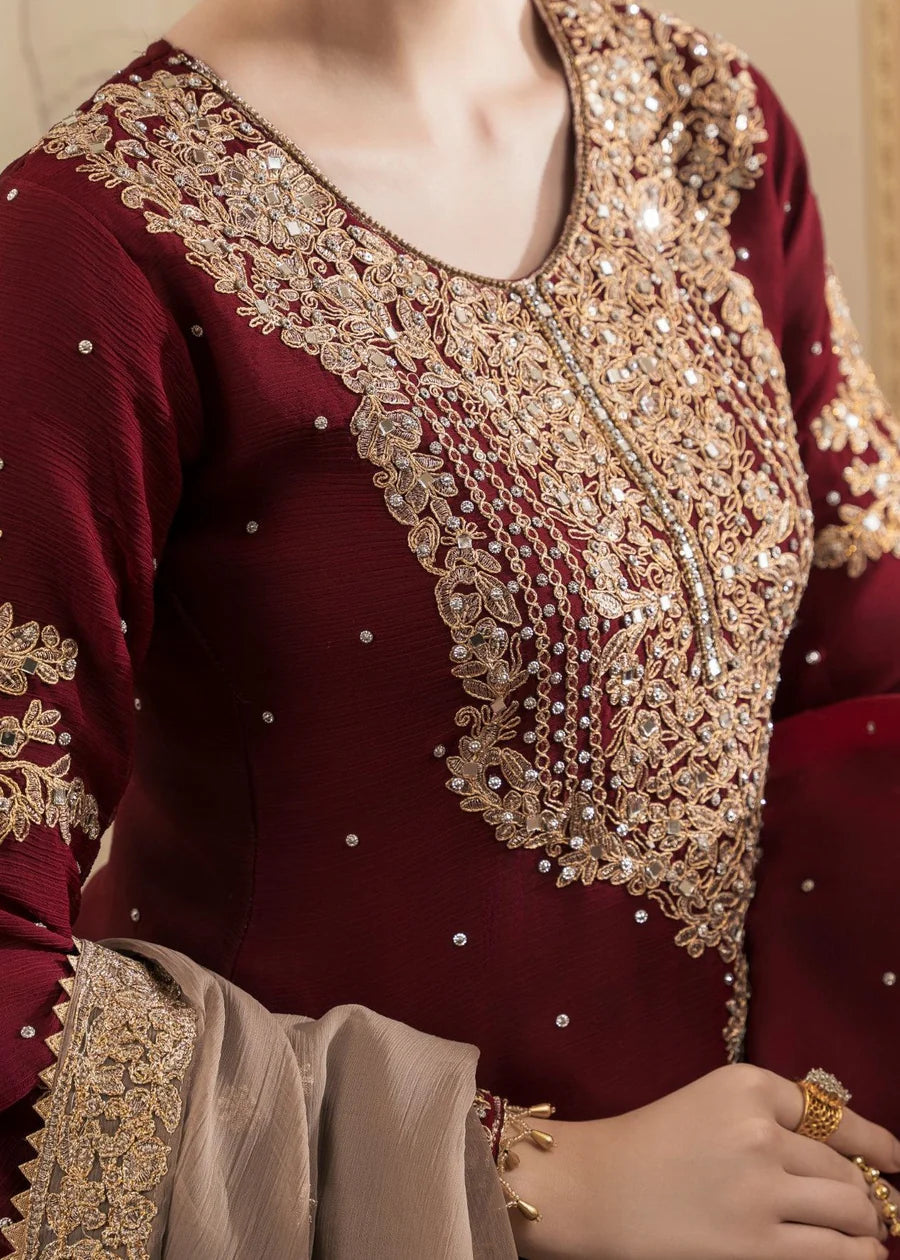 Maroon and Beige Gharara Zari sequin embroidered work with tassel details 3 pc Ready to wear