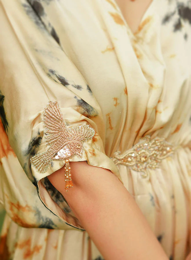 Kaftan Beige Silk Bird Work Detail