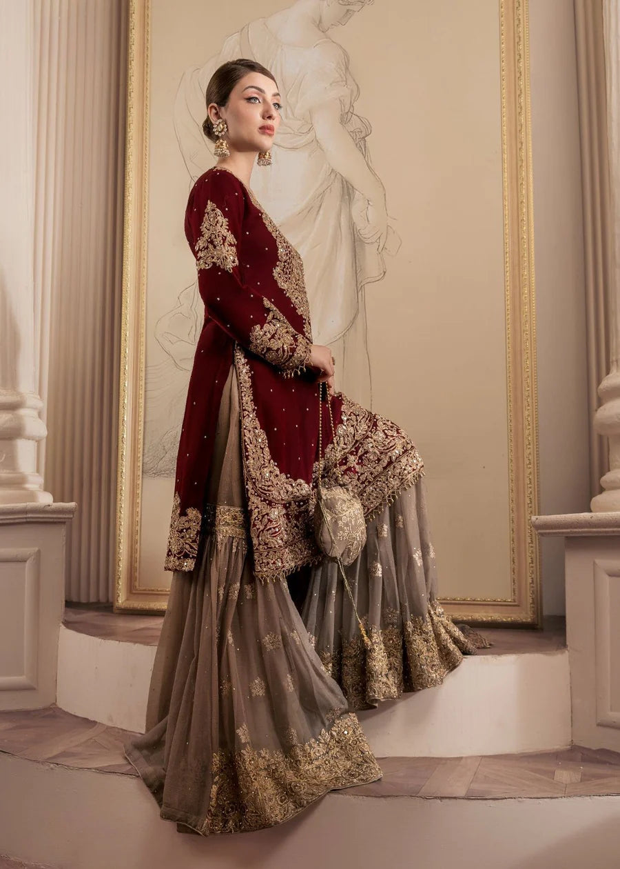 Maroon and Beige Gharara Zari sequin embroidered work with tassel details 3 pc Ready to wear