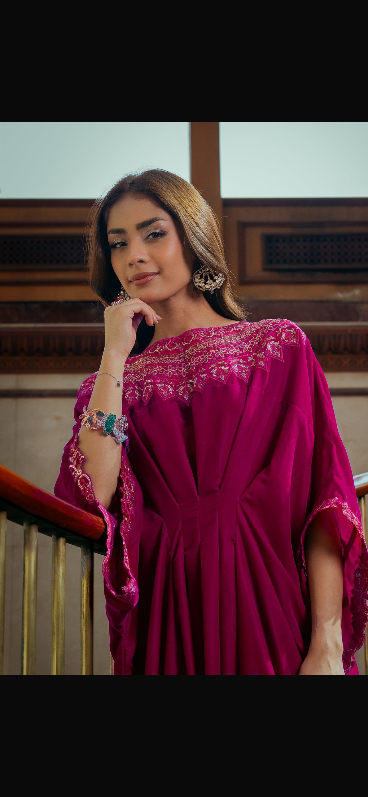 Kaftan - Embroidered Velvet Hot Pink