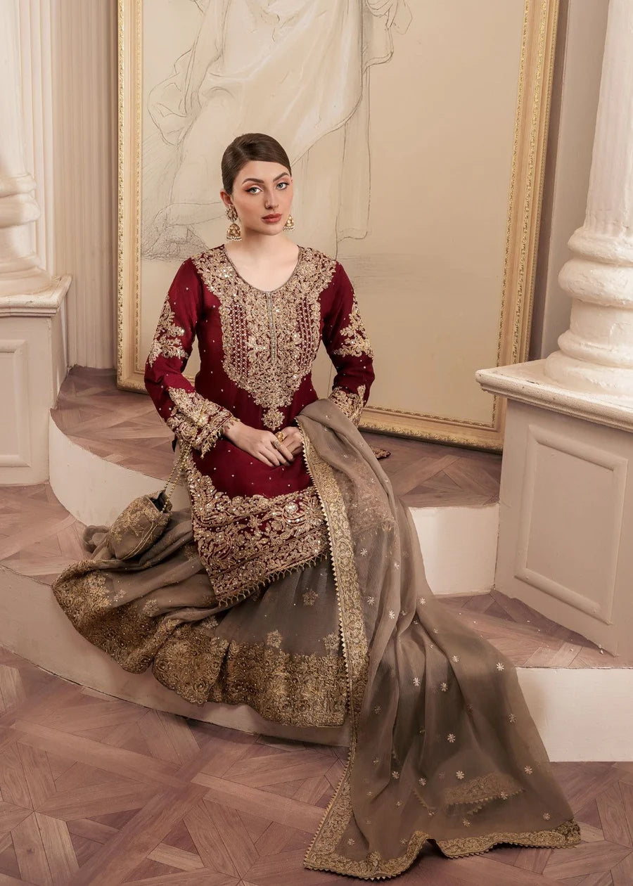 Maroon and Beige Gharara Zari sequin embroidered work with tassel details 3 pc Ready to wear